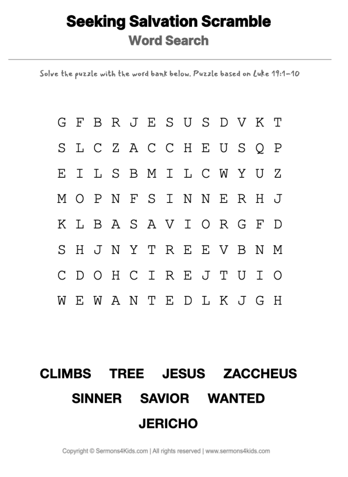 A Surprise Visitor for Zacchaeus word-search